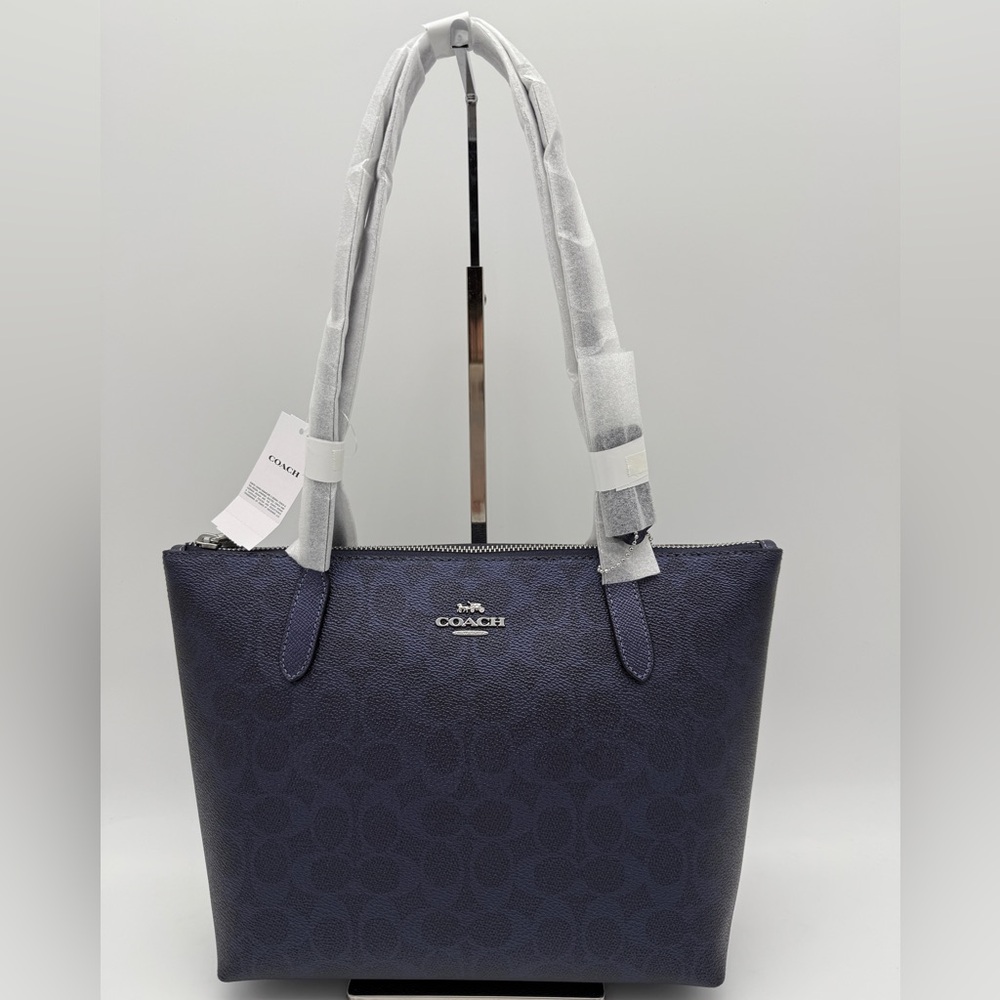 Coach Fiona Zip Tote Shoulder Bag In Signature Canvas Silver Blue Navy